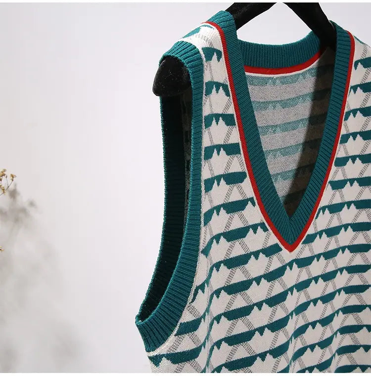 Retro Contrast Color Jacquard Ins Knitted Vest For Women