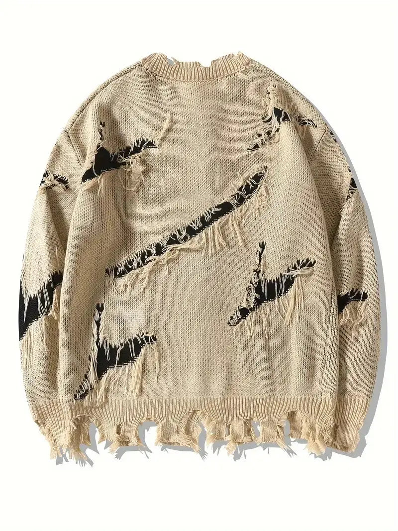 New Personality Street Jacquard Ripped Frayed Vintage Loose Sweater