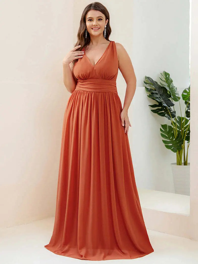 Deep V-neck Bridesmaid Plus Size High Waist Evening Dress