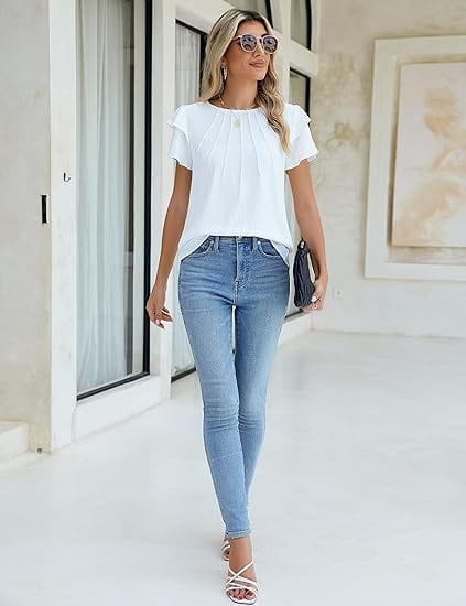 Summer Pleated Short Sleeve Round Neck Top Business Work Shirt