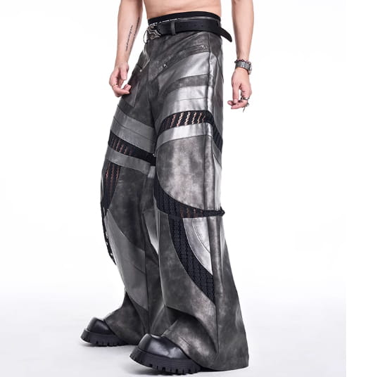 Patchwork Hollow-out Knitmesh PU Autumn And Winter Heavy Casual Pants