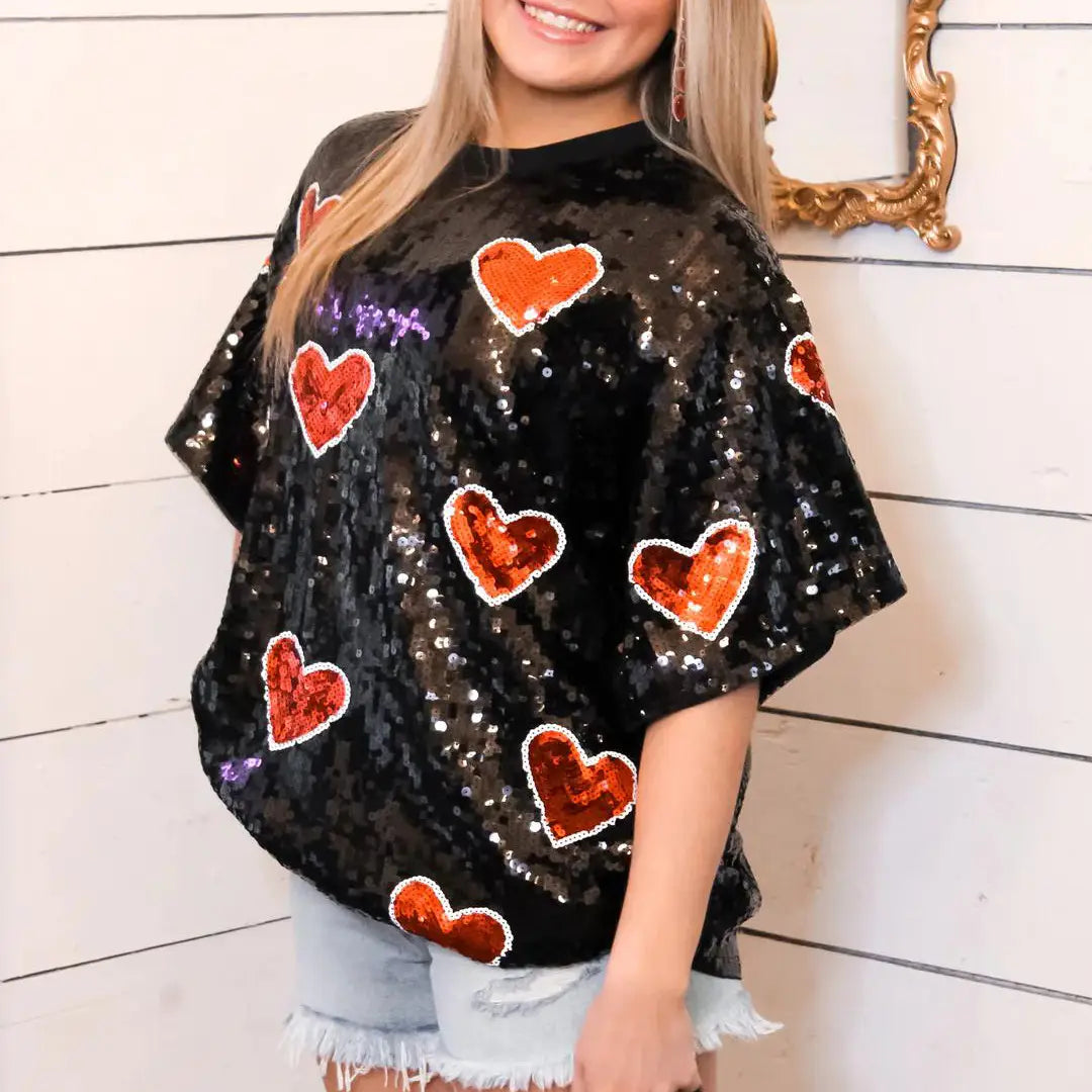 European And American Round Neck Sequins Shirt Christmas Heavy Industry Sequin Half Sleeve T-shirt