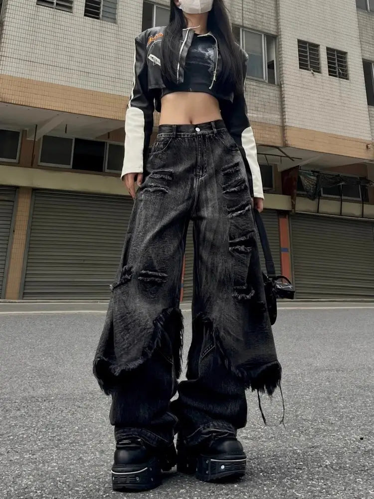 High Street Distressed Cargo Jeans Wide Leg Trousers