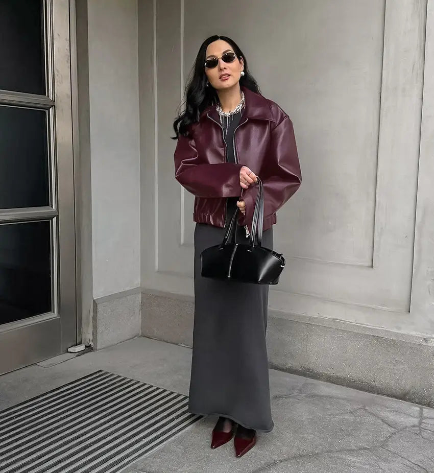 Retro Biker’s Style Wine Red European And American Handsome Matte Leather Jacket Coat