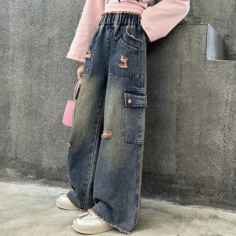 Girls’ Fashionable Gradually Varied Pink Broken Holes Pants