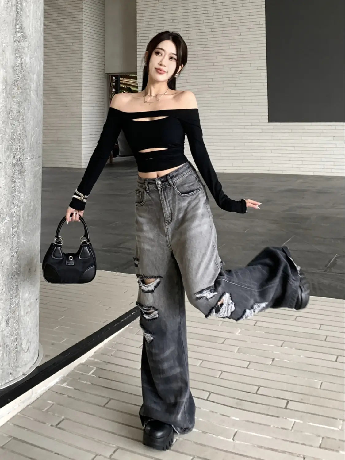 Gradient Color Big Ripped Hot Girl Wide Leg Jeans For Women