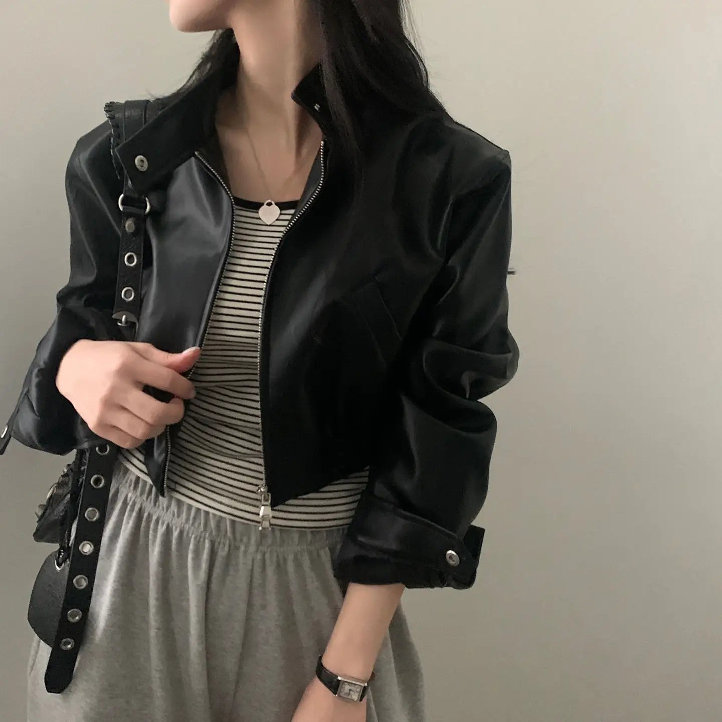 French Style Retro Design Zipped Stand Collar Elastic And Waisted Short Biker’s Leather Jacket Women