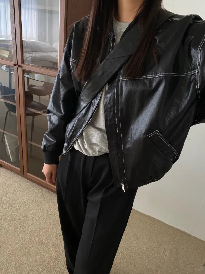 Loose Long Sleeve Leather Jacket Coat Women