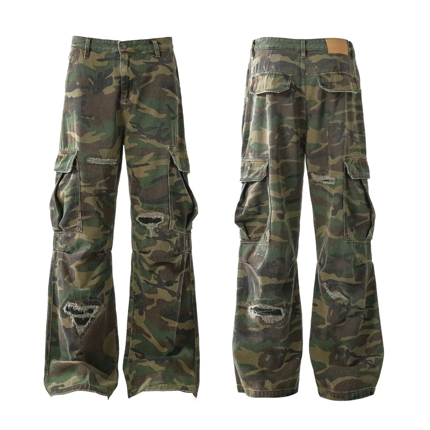 Retro Tattered Jeans Personalized Camouflage Workwear Casual Pants