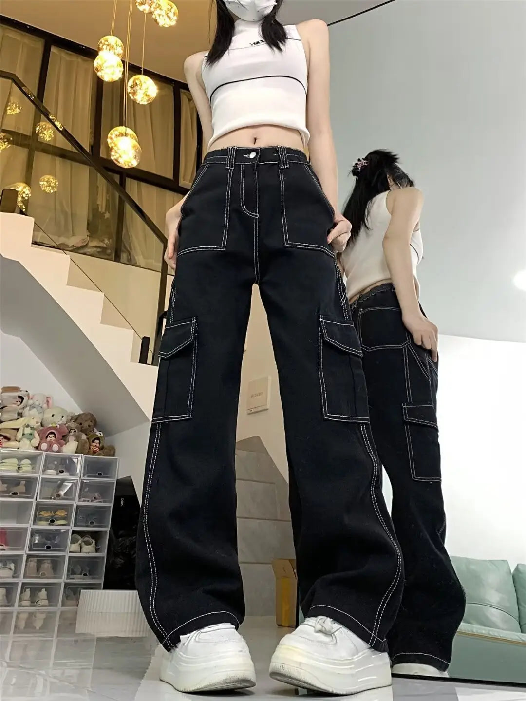 Jeans Women’s Straight Loose Spring Wide-leg Overalls