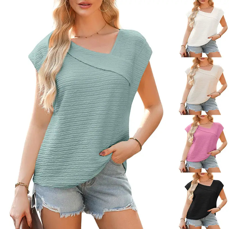 Women’s Diagonal Collar Fashion Casual Short Sleeve Fashion T-shirt