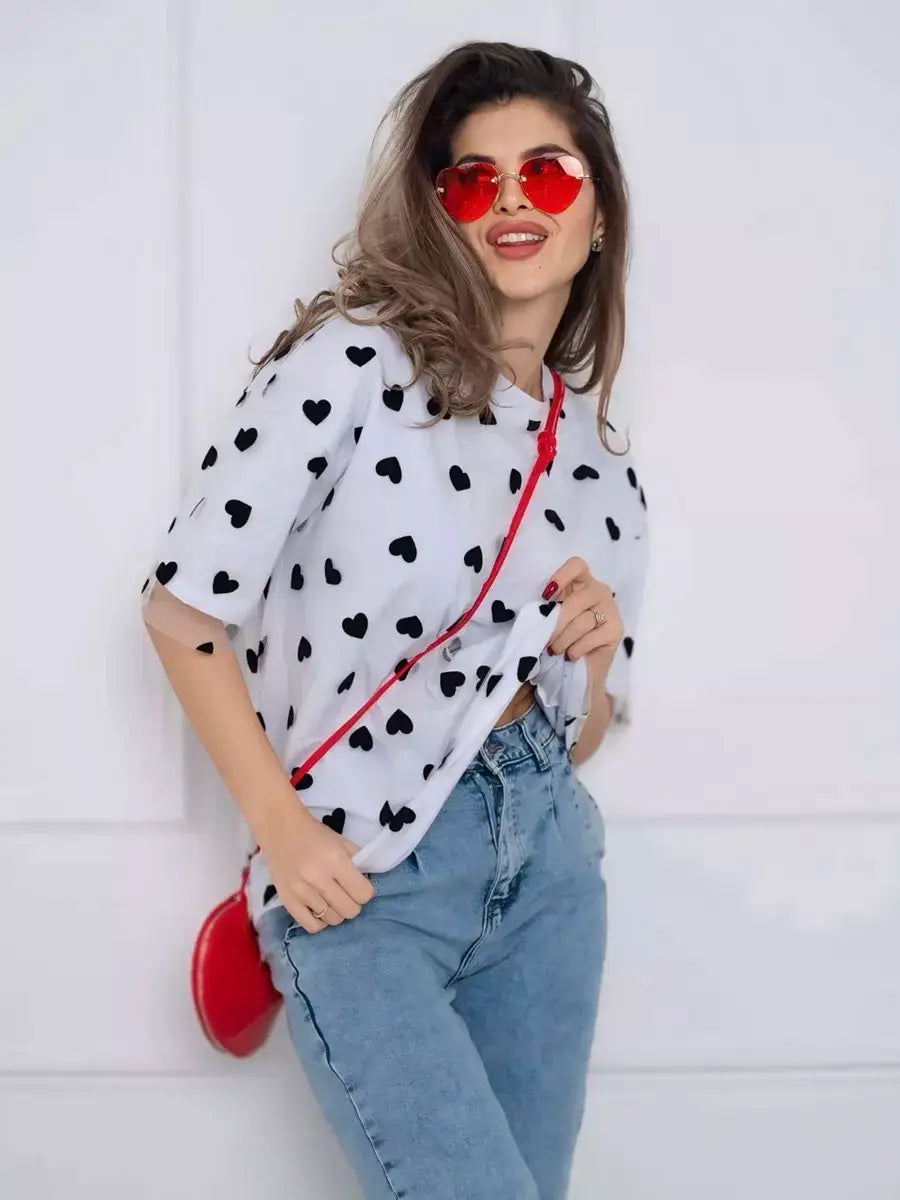 European And American Style Women’s Love Mesh Stitching Loose Basic Style Round Neck Short Sleeve T-shirt