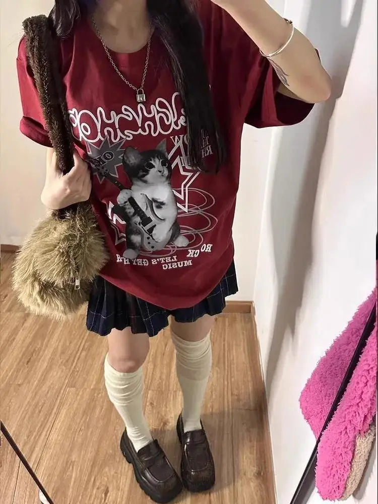 Pure Cotton Japanese Style Alphabet Wine Red Short Sleeve