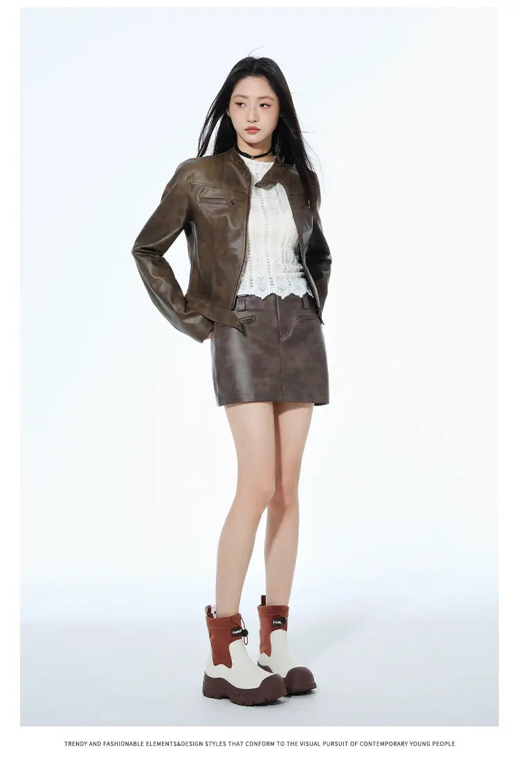 Short Leather Jacket Slim Brown Jacket Motorcycle Jacket