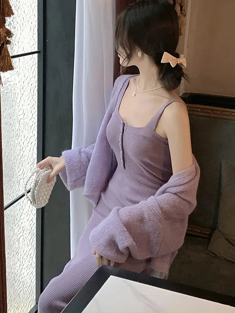 Hip Wrapped Purple Knitted Dress Cardigan Two-piece Suit