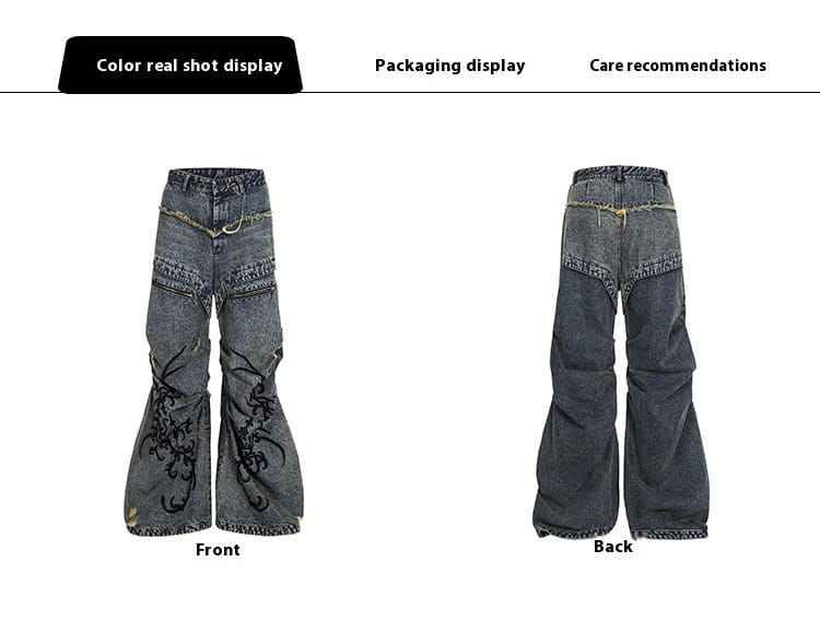 Retro Washed Distressed Zipper Embroidered Pleated Mopping Jeans