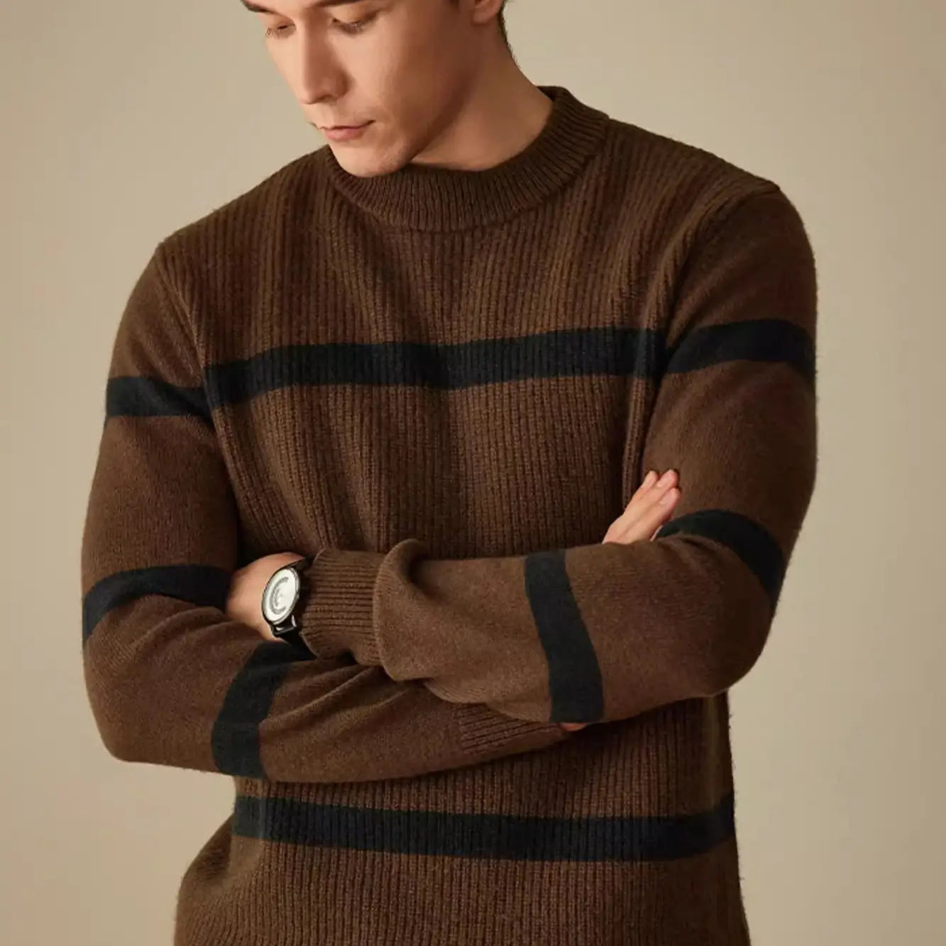 Pure Wool Men’s Casual Striped Contrast Color Warm Sweater