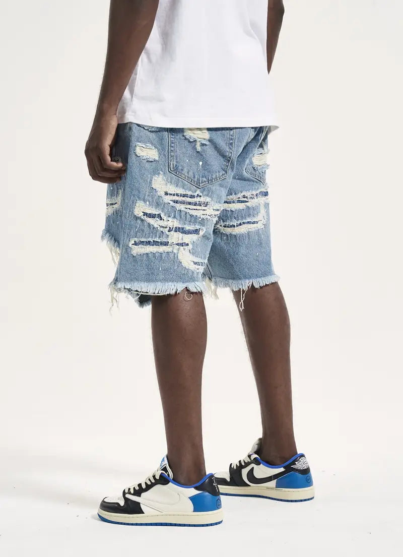 High Street Patch Ripped Washed Distressed Men’s Denim Shorts
