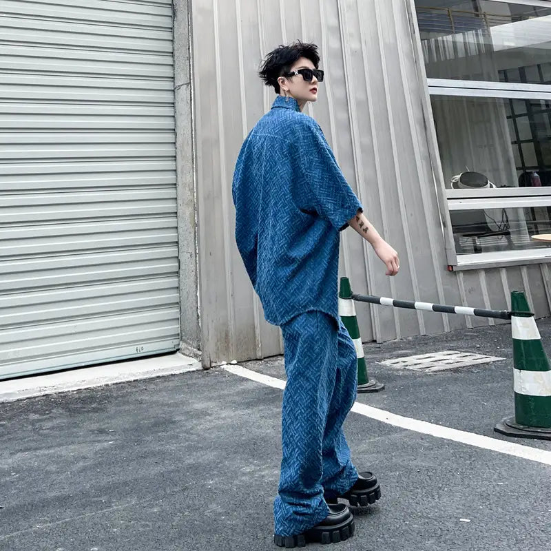 Silhouette Solid Color Denim Suit High Street Retro Men’s