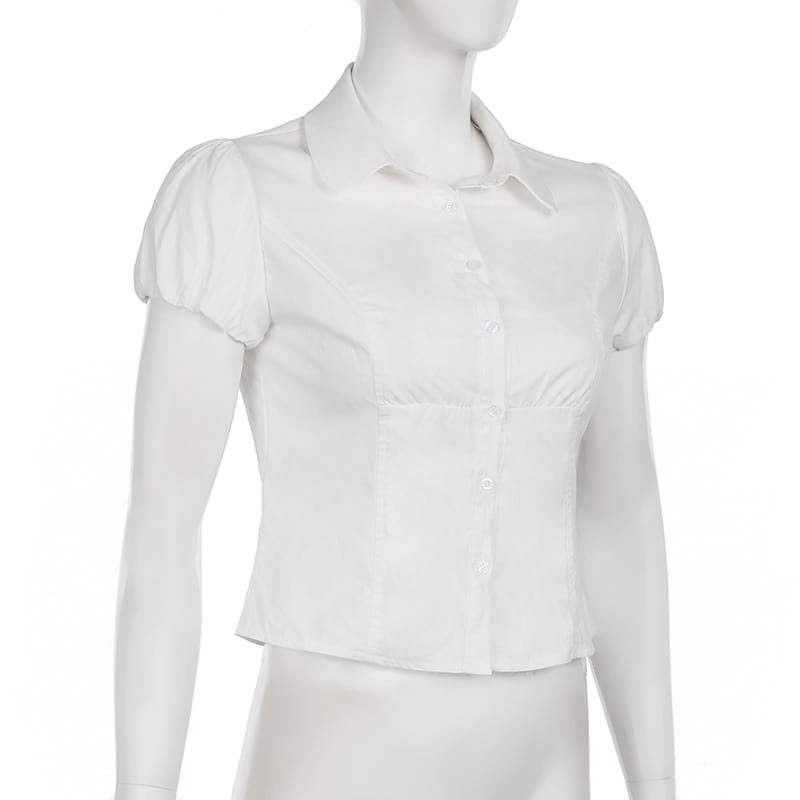 Solid Color Simple Waist Fitted Puff Sleeve Polo Shirt