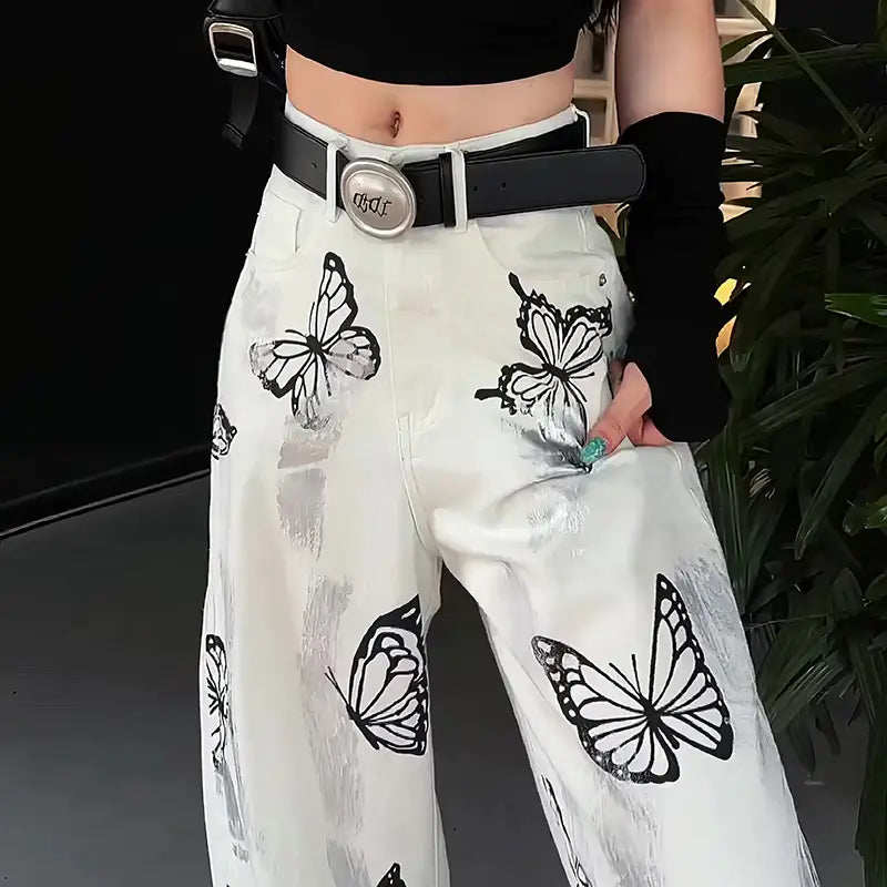 Casual Pants Butterfly Tie-dyed Wide-leg Women’s White