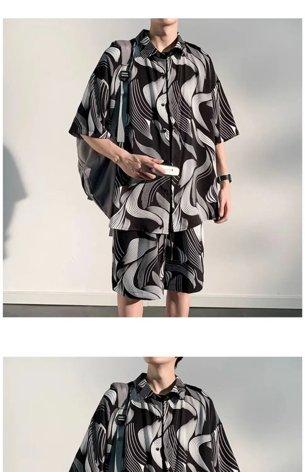 Cool Feeling Ice Silk Short Sleeve Shirt Shorts Loose And Handsome Clothes Set
