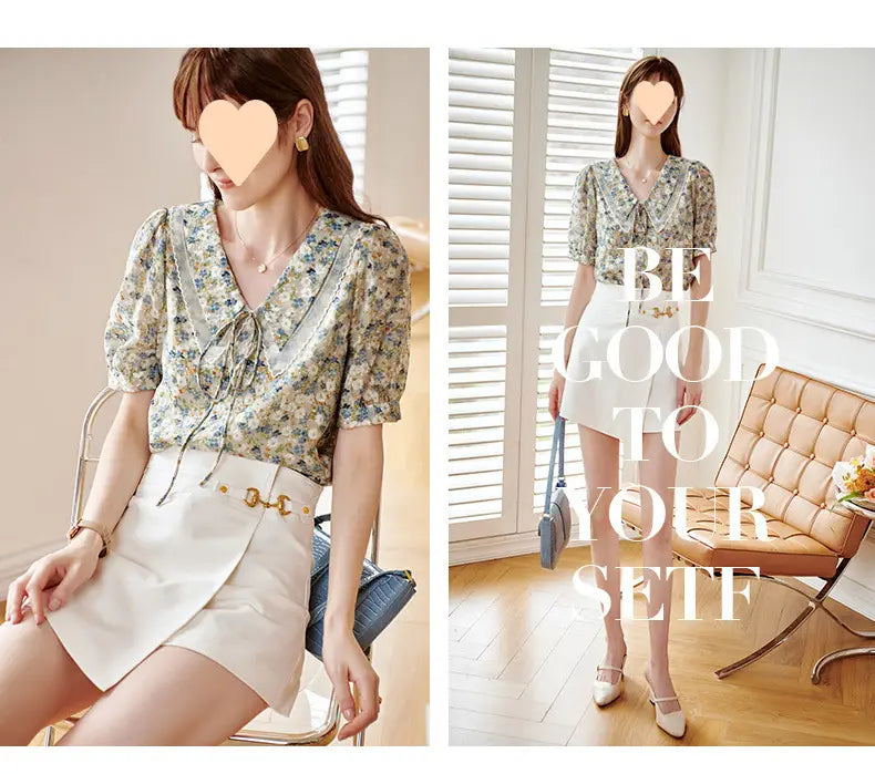 New Short Sleeve Elegant Slimming French Collar Design Floral Chiffon Shirt