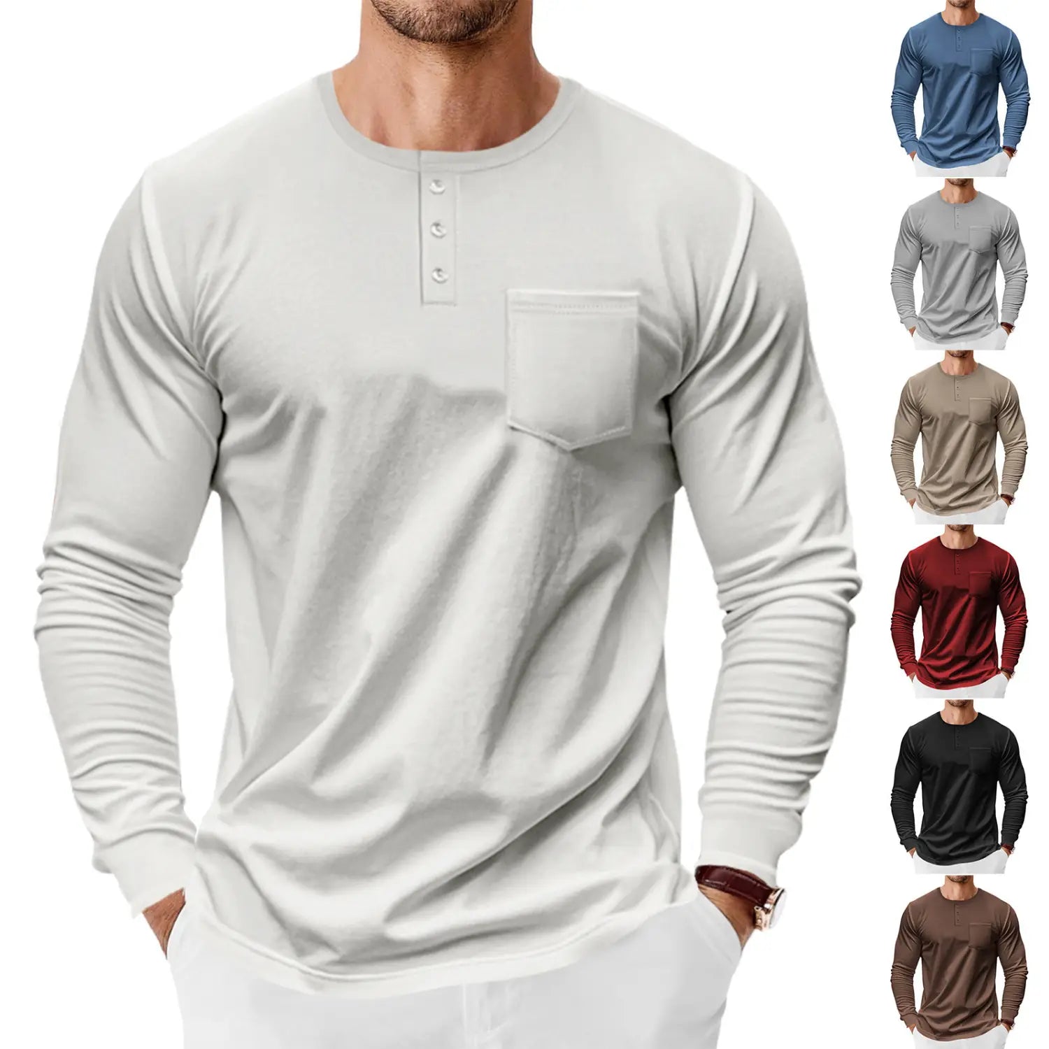 Men’s Spring And Autumn Henley Shirt Long Sleeve