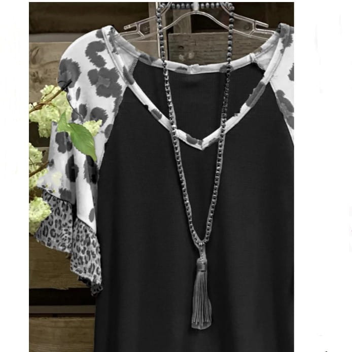 Waffle V-neck Leopard Print Stitching Casual Half Sleeve T-shirt Top