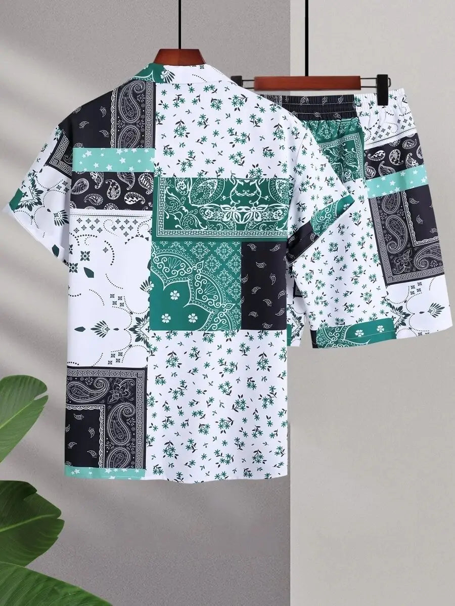 Contrast Color Retro Totem 3D Printed Shirt Shorts 2 Pieces Suit