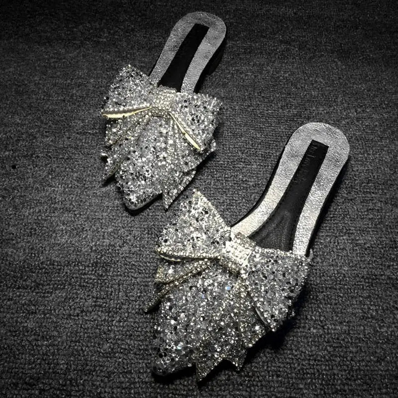 Fashion Women’s Rhinestone Pointed Bow Half Slippers