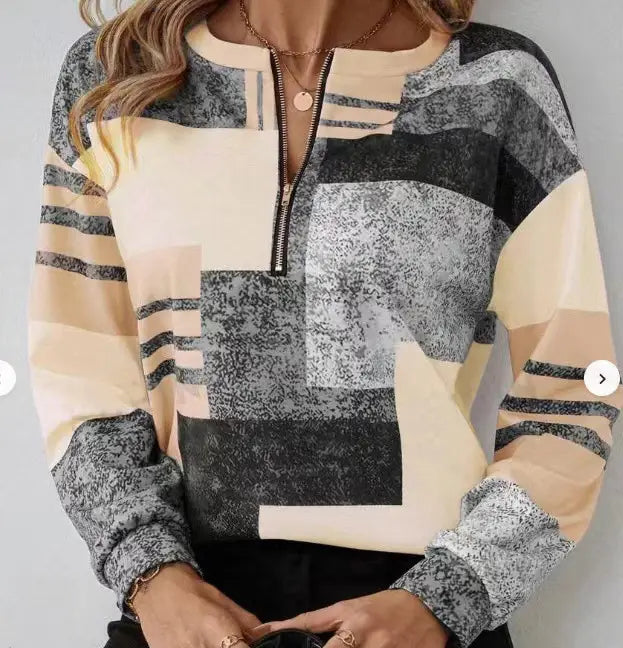 Round Neck Half Zipper Casual Style Polo Shirt Irregular Geometric Top