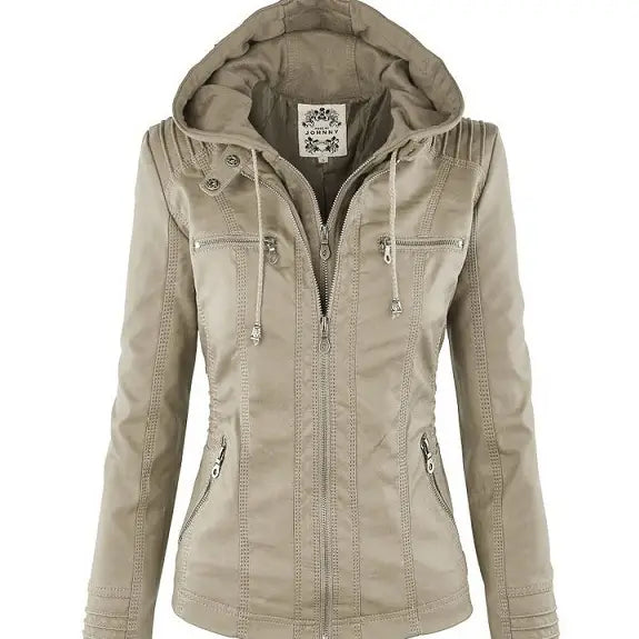 Women’s Detachable Lapel Long Sleeve Solid Color Zipper Leather Jacket Coat