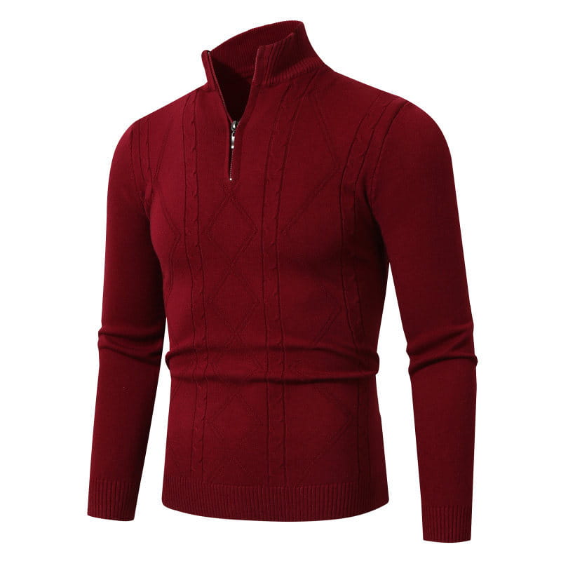 Fashion Rhombus Sweater Men’s Casual Stand Collar Long Sleeve Half Zipper Sweater