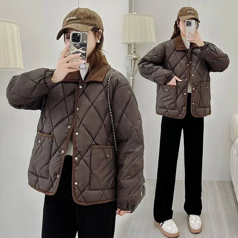 Classic Rhombus Cotton-padded Clothes Disposable PU Leather Loose Contrast Color And Versatile
