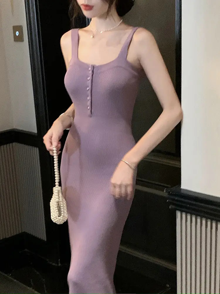Hip Wrapped Purple Knitted Dress Cardigan Two-piece Suit