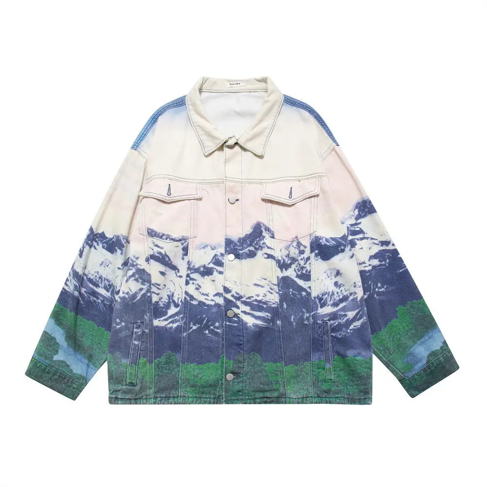 Men’s Loose Casual Full Print Landscape Snow Mountain Pattern Jacket