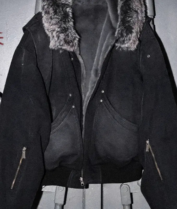 Fur Collar Washed Canvas Split Mountain Carving Jacket