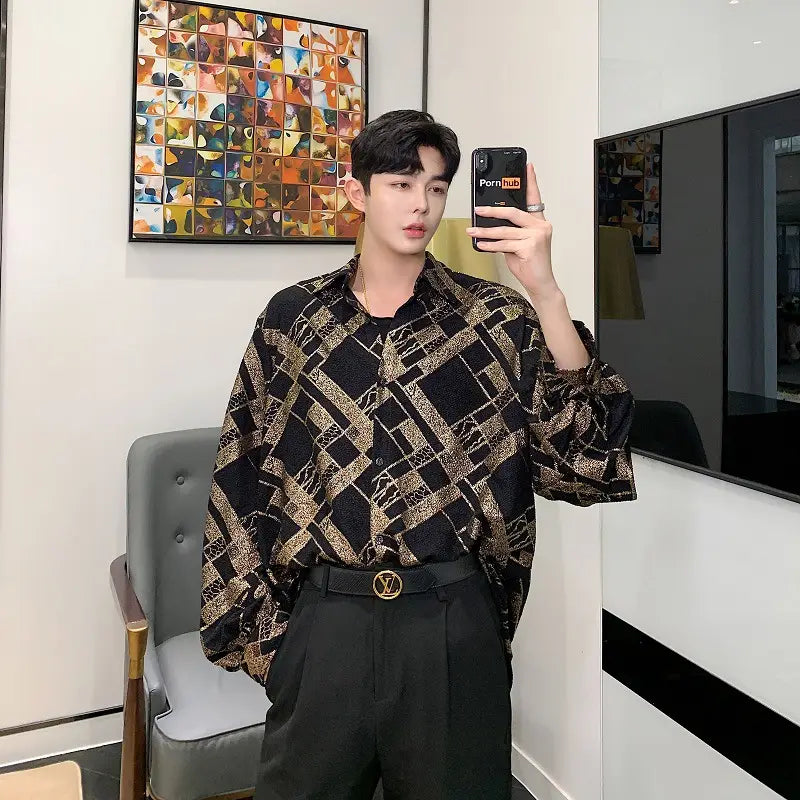 Trendy Men’s Shirt Gold 3D Long Sleeve Shirt Trendy Men