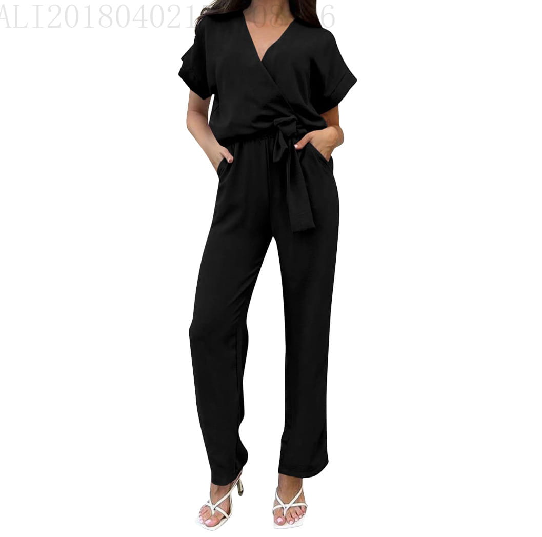 Women’s Short-sleeved V-neck Pocket Jumpsuit