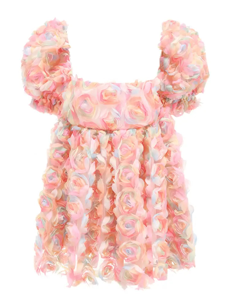 Women’s Sweet Print Mini Skirt Short Sleeve Stitching Flower Puffy Sleeve Dress