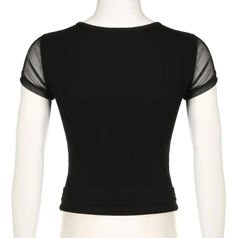 Deep V Design Small Pleated Pure Color Mesh Stitching Short Sleeve