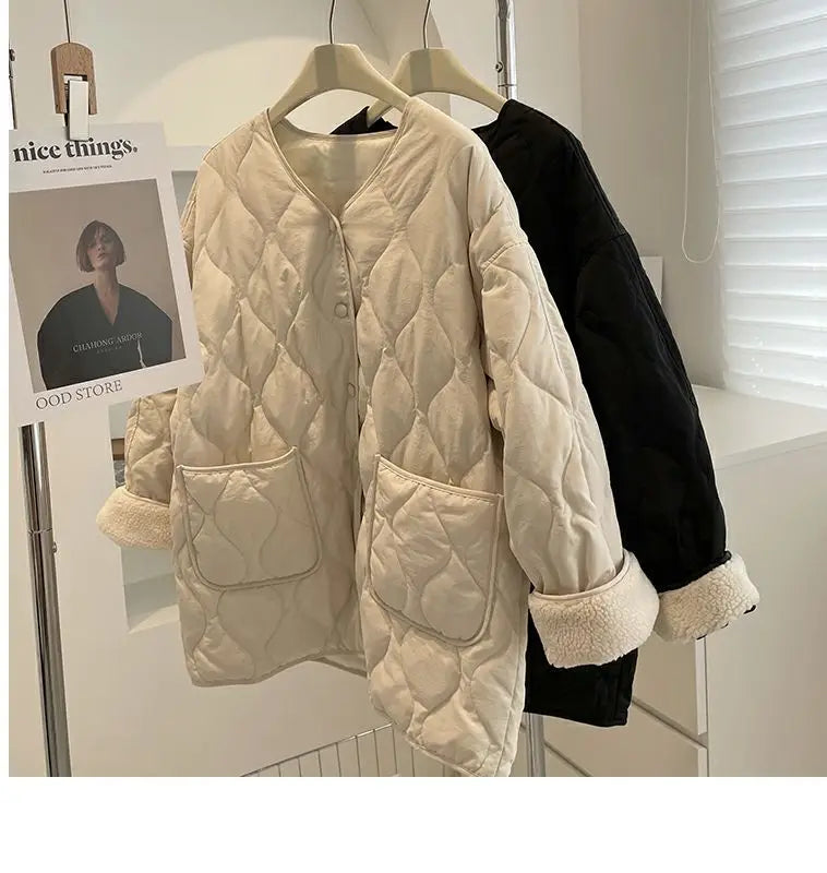 Winter Stitching Diamond Lattice Cotton-padded For Women Baggy Coat
