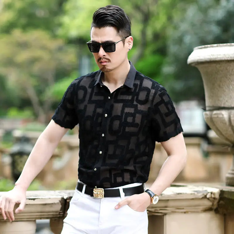 Summer New Style Men’s Shirts Slim Hollow Embroidered Non-iron Casual Shirts
