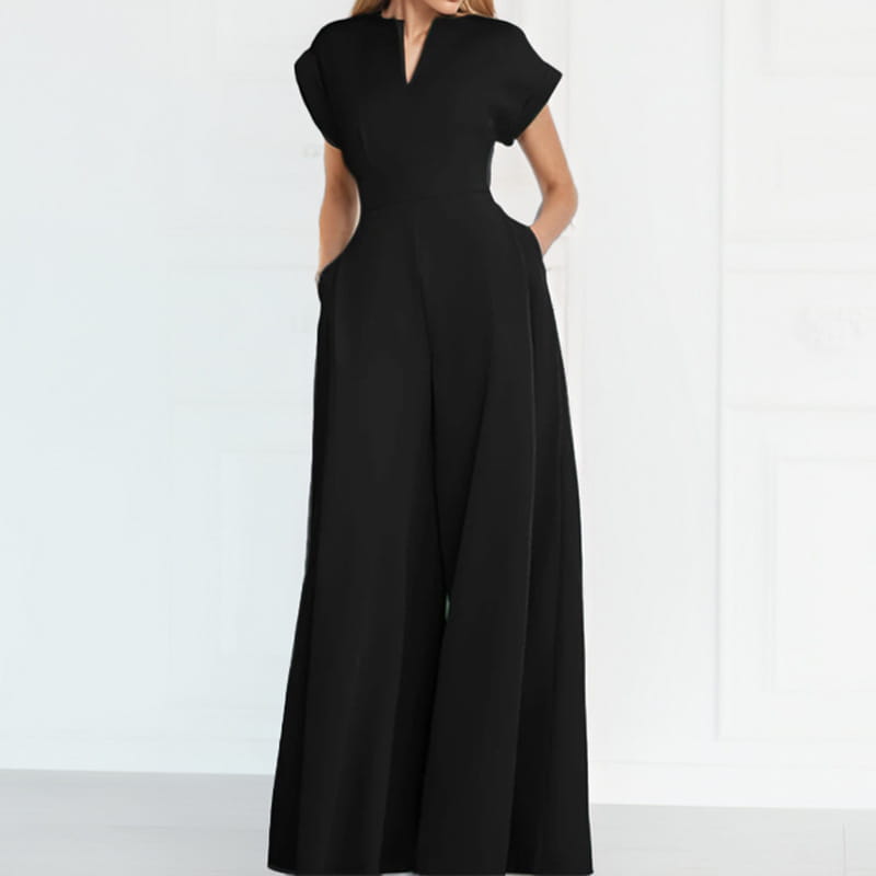 Women’s Elegant Solid Color And V-neck Sleeveless Waist Wide-leg Jumpsuit