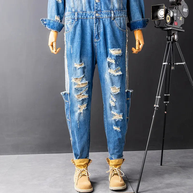 Men’s Denim Hip Hop Ripped Wash Cargo Jumpsuit