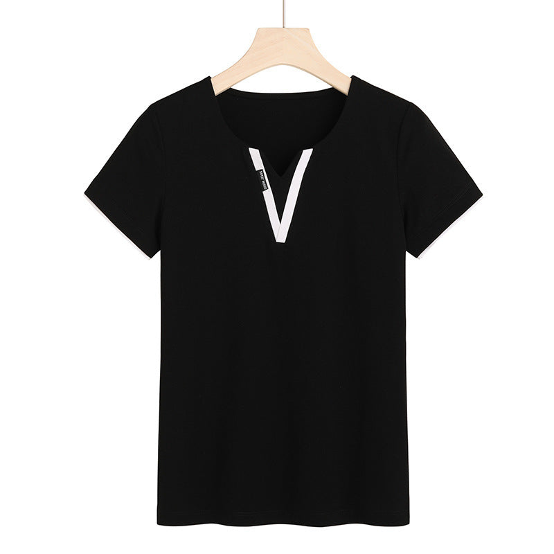 Early Spring And Summer Short-sleeved Undershirt V-neck Patchwork Fashion - Black / S