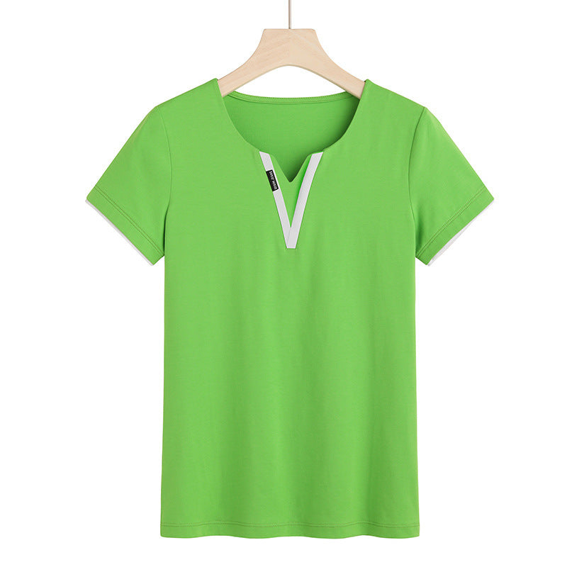 Early Spring And Summer Short-sleeved Undershirt V-neck Patchwork Fashion - Green / S