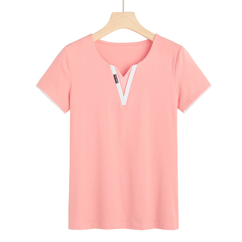 Early Spring And Summer Short-sleeved Undershirt V-neck Patchwork Fashion - Pink / S