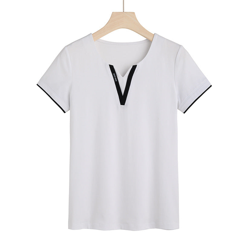 Early Spring And Summer Short-sleeved Undershirt V-neck Patchwork Fashion - White / S